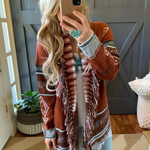 New Cowichan Aztec Print Fringed Cardigan Sweater - Picture 7 of 9